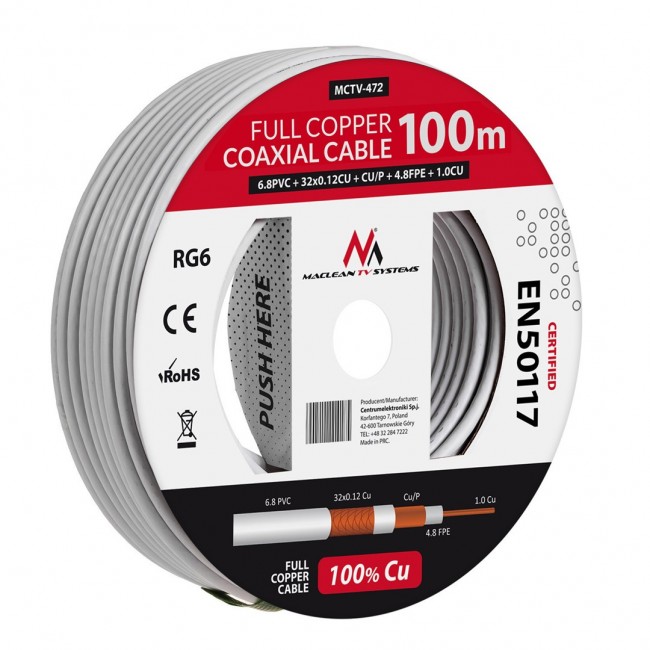 Maclean MCTV-472 coaxial cable RG-6/U 100 m White Maclean MCTV-472 coaxial cable RG-6/U 100 m White