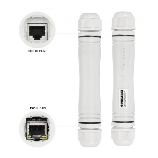 Intellinet Ultra Long Range Outdoor Fast Ethernet PoE+ Extender Kit Extends PoE up to 1000 m (3280 ft.), One PD Port up to 95 W, IEEE 802.3bt (4PPoE) Compatible, IP67 Waterproof and Dustproof, Set of Two Modules, Plastic, Gray