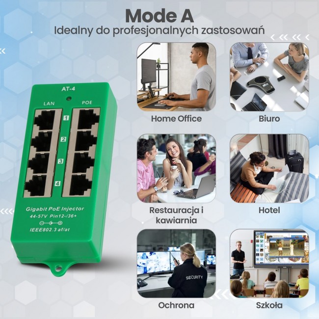 Extralink Gigabit PoE Injector 4 Portowy Active, 4 ports Gigabit 802.3at/af, Mode A
