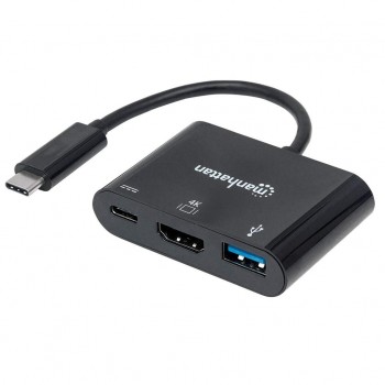 Manhattan USB-C Dock/Hub, Ports (x3): HDMI, USB-A and USB-C, 5 Gbps (USB 3.2 Gen1 aka USB 3.0), With Power Delivery (60W) to USB-C Port (Note additional USB-C wall charger and USB-C cable needed), Universal for all devices, Black, Equivalent to CDP2HDUACP