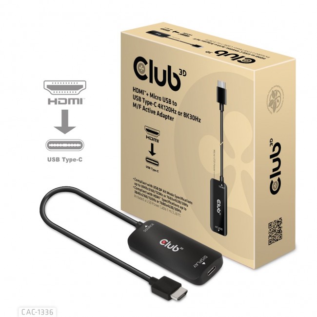 CLUB3D HDMI + Micro USB to USB Type-C 4K120Hz or 8K30Hz M/F Active Adapter