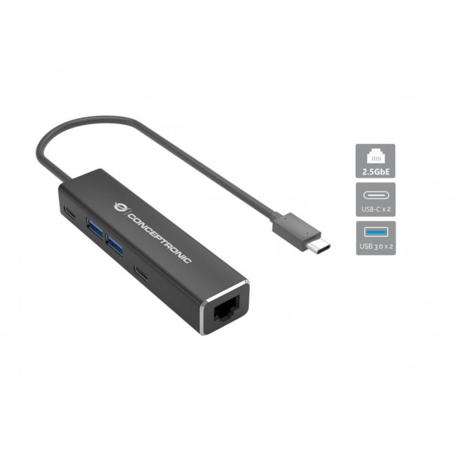 Conceptronic ABBY14B 2.5G Ethernet USB 3.2 Gen 1 Adapter with USB Hub, 2.5GbE, USB-A x 2, USB-C x 2