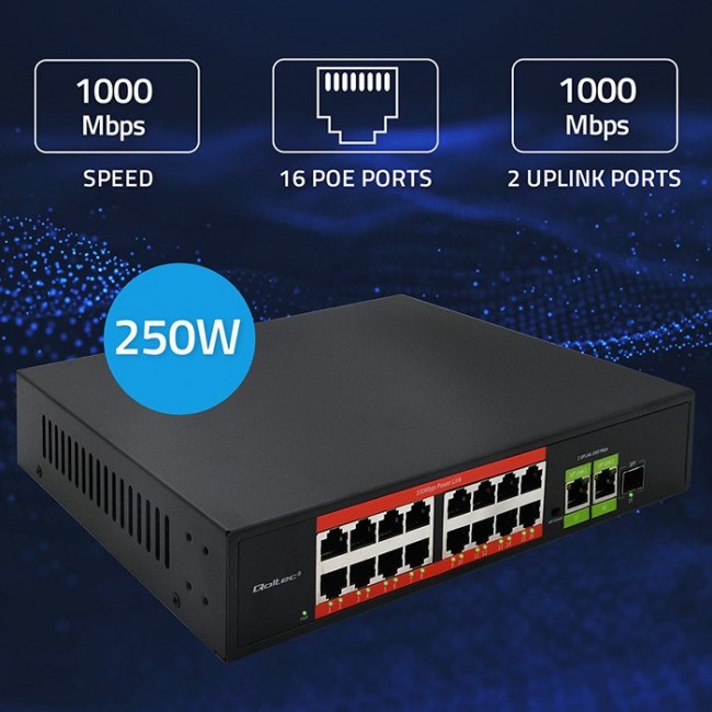 Qoltec Prze ącznik sieciowy SWITCH Fast Ethernet PoE | 16x RJ45 10/100 Mb/s | 2x RJ45 Uplink 1000 Mb/s | 1x SFP 1000 Mb/s