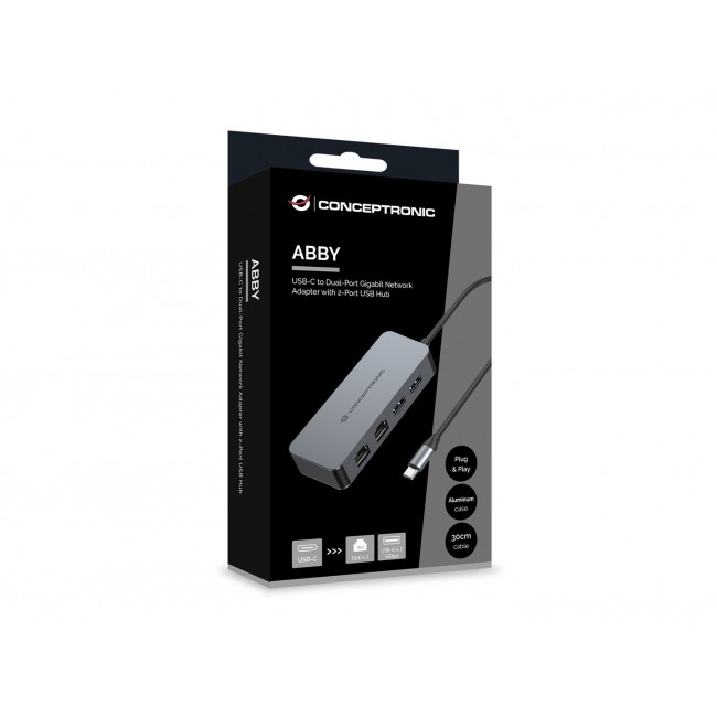 Conceptronic ABBY24G USB-C to Dual-Port Gigabit Network Adapter with 2-Port USB Hub