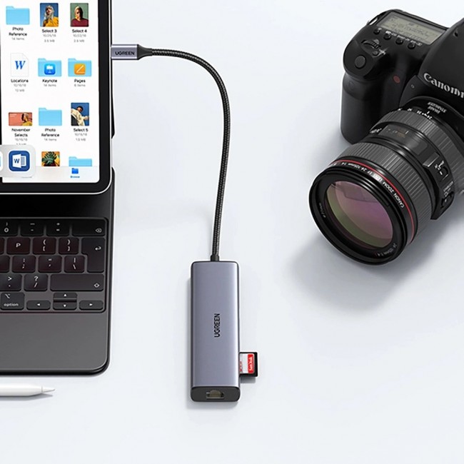 Ugreen CM512 90568 USB-C adapter 2 USB-A 3.0 / HDMI / RJ45 / SD and TF card reader / USB-C PD 100 W Grey