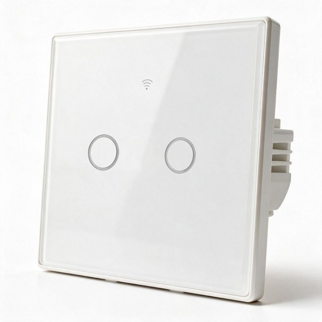 Qoltec 52716 Smart Touch 2-Gang Light Switch | Wi-Fi | Timer | Tuya | Smart Life | Tempered Glass | White