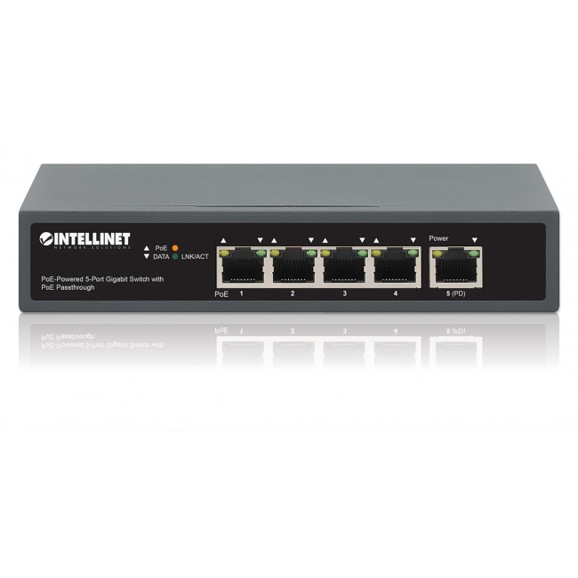 Intellinet 5-Port Gigabit Switch with PoE Passthrough, One IEEE 802.3bt (PoE++ / 4PPoE) PD PoE Port with 95 W Power Input, Four PSE PoE ports, PoE Power Budget up to 65 W, IEEE 802.3at/af Compliant Output, Desktop, Wall-mount Option Intellinet 5-Port Gigabit Switch with PoE Passthrough, One IEEE 802.3bt (PoE++ / 4PPoE) PD PoE Port with 95 W Power Input, Four PSE PoE ports, PoE Power Budget up to 65 W, IEEE 802.3at/af Compliant Output, Desktop, Wall-mount Option