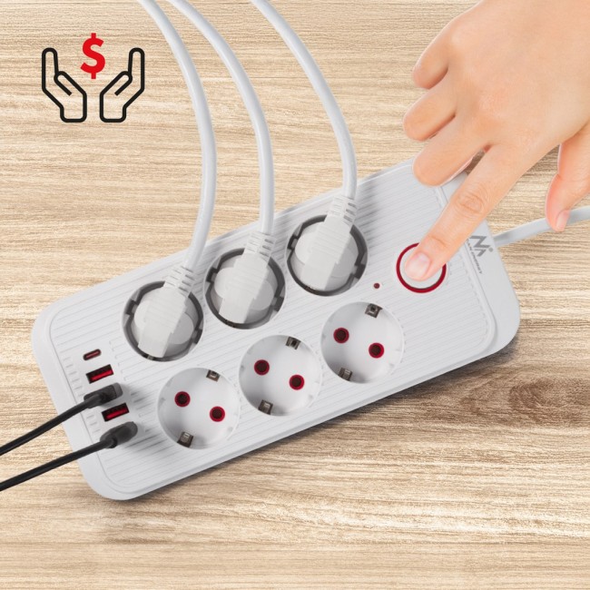 Maclean power strip, 6 socket extension + 4xUSB, 110-240V AC 50/60Hz, 2.1A max 2500W, 3m, white, MCE391 W