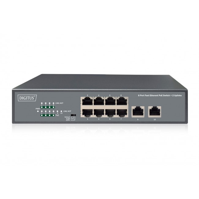 Digitus 8-Port Fast Ethernet PoE Netwrkswitch, Desktop, unmanaged, 2 Uplink Ports RJ45,120 W, af/at Digitus 8-Port Fast Ethernet PoE Netwrkswitch, Desktop, unmanaged, 2 Uplink Ports RJ45,120 W, af/at