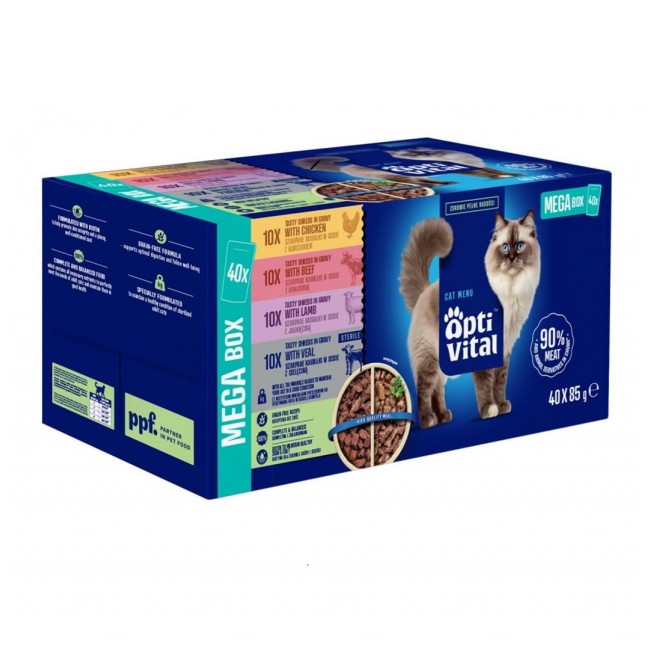 OPTIVITAL Tasty shreds in gravy with chicken, beef, lamb and veal - wet cat food - 40x85g