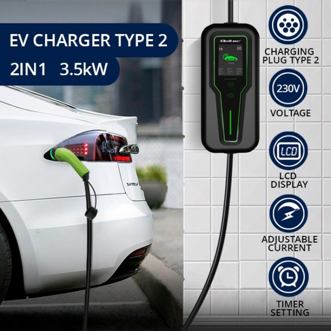 Qoltec Mobile EV Car Charger Adjustable 2in1 Type2 | 3.5kW | 230V | LCD | Portable | Wallbox | 5m