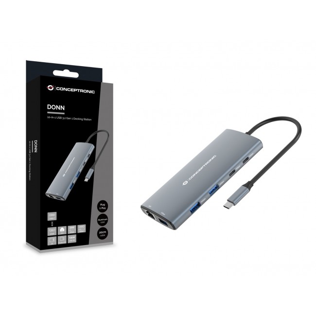 Conceptronic DONN06G 10-in-1 USB 3.2 Gen 1 Docking Station, HDMI, 100W USB PD, USB-C 5Gbps x 2, USB-A 5Gbps x 3, SD, TF/MicroSD, GbE