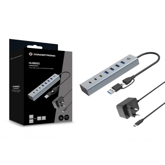 Conceptronic HUBBIES20GP 7-Port USB 3.0 Hub with Power Adapter, 5Gbps, USB-C x 3, USB-A x 4