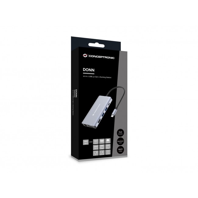 Conceptronic DONN20G 10-in-1 USB 3.2 Gen 1 Docking Station, HDMI, VGA, USB-A 5Gbps, USB-C 5Gbps, SD, TF/MicroSD, Audio, GbE LAN, 100W USB PD