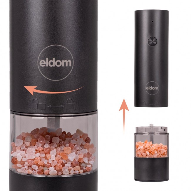 ELDOM ZMP5 BATTERY-POWERED PEPPER AND SALT GRINDER SET WITH STAND, BLACK