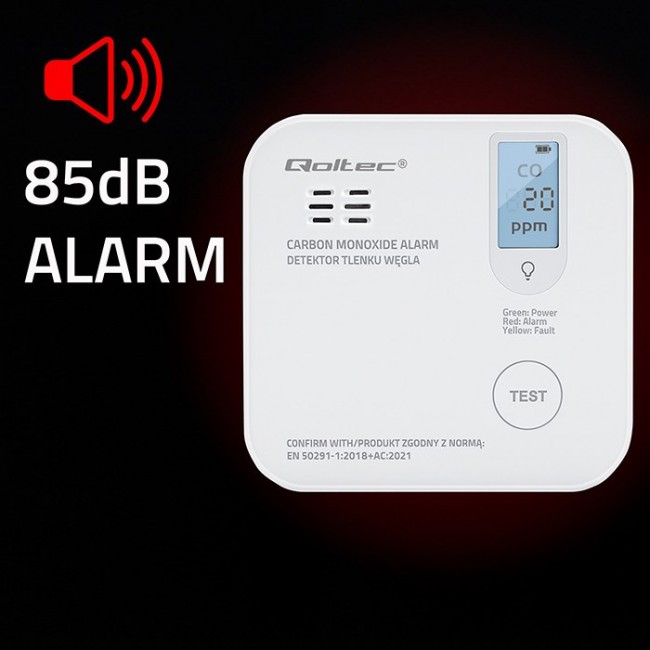 Qoltec 52577 Wireless Carbon monoxide (CO) sensor with battery | sensor service life 10 years | alarm 85dB | LED Qoltec 52577 Wireless Carbon monoxide (CO) sensor with battery | sensor service life 10 years | alarm 85dB | LED