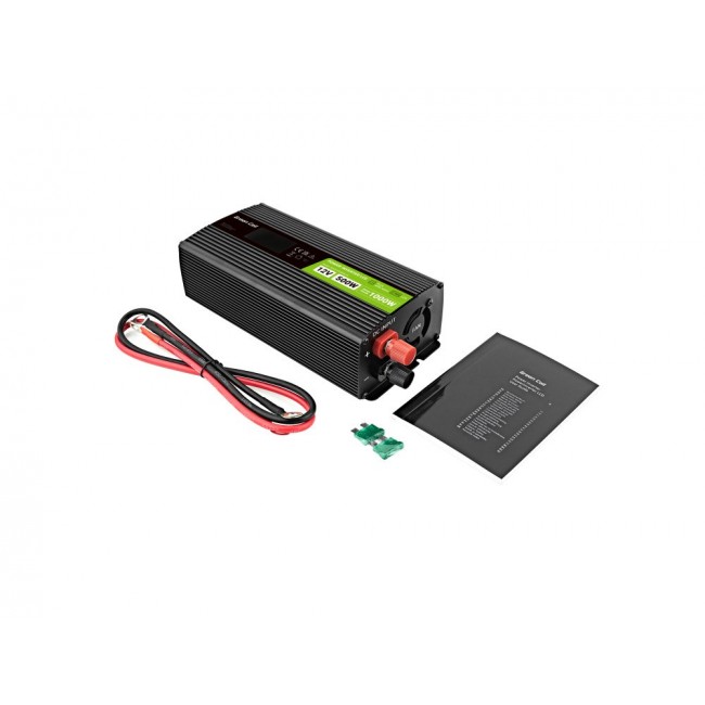Green Cell Przetwornica napicia PowerInverter LCD 12 V 500W/1000W Przetwornica samochodowa z wywietlaczem - czysty sinus power adapter/inverter Auto Black Green Cell Przetwornica napicia PowerInverter LCD 12 V 500W/1000W Przetwornica samochodowa z wywietlaczem - czysty sinus power adapter/inverter Auto Black