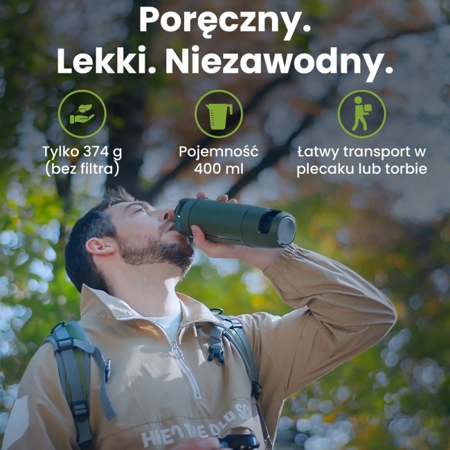 Extralink PURISOO+ BUTELKA Z SYSTEMEM FILTRUJACYM Z POMPKA 400ML FILTR UF + ACF Water filtration bottle 0.4 L Green, Olive