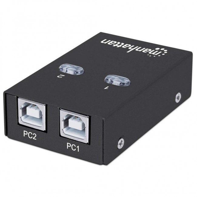 Manhattan USB-A Automatic Sharing Switch, 2x USB-B Ports, 480 Mbps (USB 2.0), Dual Control (Auto-Sensing or Manual), Bus Powered, Hi-Speed USB, inc 1x 1.5m USB-A to USB-B cable, Black, Three Year Warranty Manhattan USB-A Automatic Sharing Switch, 2x USB-B Ports, 480 Mbps (USB 2.0), Dual Control (Auto-Sensing or Manual), Bus Powered, Hi-Speed USB, inc 1x 1.5m USB-A to USB-B cable, Black, Three Year Warranty