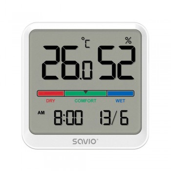 SAVIO Wireless weather station, temperature and humidity sensor, for indoor use, LCD screen, clock, date, handle with magnet, CT-01/W White