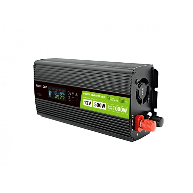 Green Cell Przetwornica napicia PowerInverter LCD 12 V 500W/1000W Przetwornica samochodowa z wywietlaczem - czysty sinus power adapter/inverter Auto Black