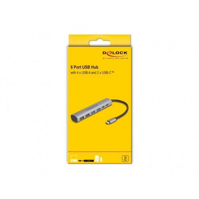 DeLOCK 6 Port USB Hub with 4 x USB Type-A female and 2 x USB Type-C female