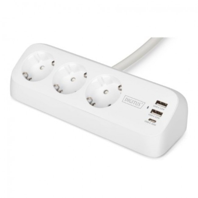 Digitus 3-way office socket strip with 2x USB-A and 1x USB-C connections, white
