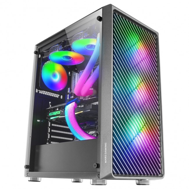Mars Gaming MC-F Black, ATX Gaming Semitower, Full Tempered Glass Window, Metal-Mesh Front, 4x 120mm ARGB Fans