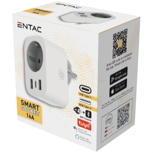 Entac Smart Single Socket Adapter 1x Type-F, 2xUSB-A, 1xUSB-C 2.4A WIBLE