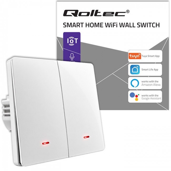 Qoltec 52706 Smart 2-Gang Light Switch | Wi-Fi | Timer | Tuya | Smart life | White