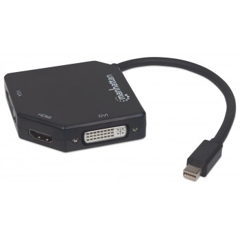 Manhattan Mini DisplayPort 1.2 to HDMI, DVI and VGA Adapter Cable (3-in-1), 25cm, Black, Male to Female, Passive, HDMI 4K@30Hz, VGA and DVI 1080p@60Hz, Equivalent to MDP2VGDVHD, Compatible with DVD-D, Three Year Warranty, Blister