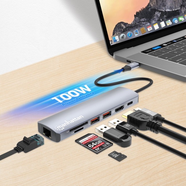 Manhattan USB-C Dock/Hub with Card Reader, Ports (x5): Ethernet, HDMI, USB-A (x2) and USB-C, with Power Delivery (PD) 100W- requires external USB-C charger (not included). USB powered (no external power supply required) when PD is not in use Manhattan USB-C Dock/Hub with Card Reader, Ports (x5): Ethernet, HDMI, USB-A (x2) and USB-C, with Power Delivery (PD) 100W- requires external USB-C charger (not included). USB powered (no external power supply required) when PD is not in use