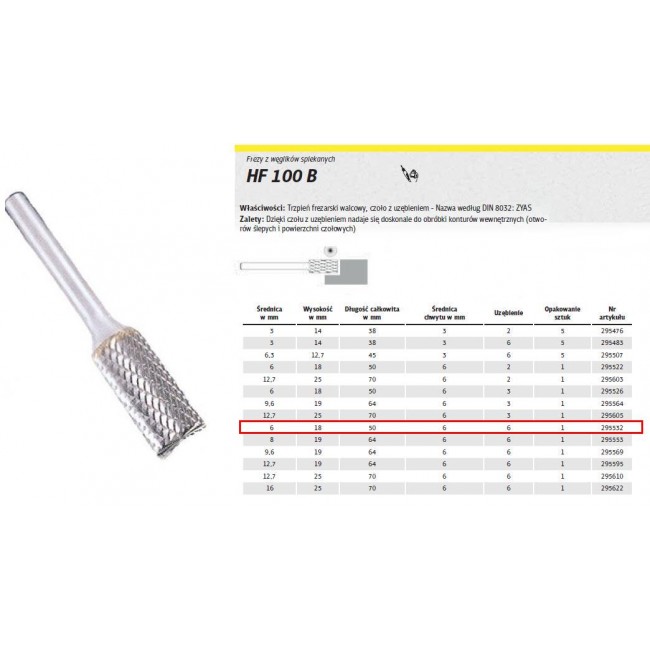 K.MILLING CUTTER WITH SINTERED CARBON.HF 100 B /6mm/532 ROLLER FI 6x18mm, shank 6mm, ZYAS TYPE K.MILLING CUTTER WITH SINTERED CARBON.HF 100 B /6mm/532 ROLLER FI 6x18mm, shank 6mm, ZYAS TYPE