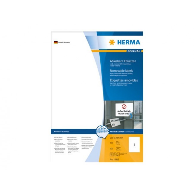 HERMA Removable labels A4 210x297 mm white Movables/removable paper matt 100 pcs HERMA Removable labels A4 210x297 mm white Movables/removable paper matt 100 pcs