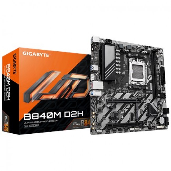 GIGABYTE B840M D2H Motherboard - AMD Ryzen 9000 CPUs, 5+2+2 Phases VRM, up to 7600MHz DDR5, 1xPCIe 4.0 + 1xPCIe 3.0 M.2, 2.5GbE LAN, USB 3.2 Gen 1 GIGABYTE B840M D2H Motherboard - AMD Ryzen 9000 CPUs, 5+2+2 Phases VRM, up to 7600MHz DDR5, 1xPCIe 4.0 + 1xPCIe 3.0 M.2, 2.5GbE LAN, USB 3.2 Gen 1
