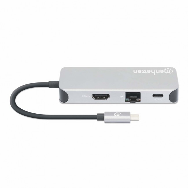 Manhattan USB-C Dock/Hub with Card Reader, Ports (x6): Ethernet, HDMI, USB-A (x3) and USB-C, With Power Delivery (100W) to USB-C Port (Note additional USB-C wall charger and USB-C cable needed), Universal for all devices, Cable 15cm, Aluminium, Silver
