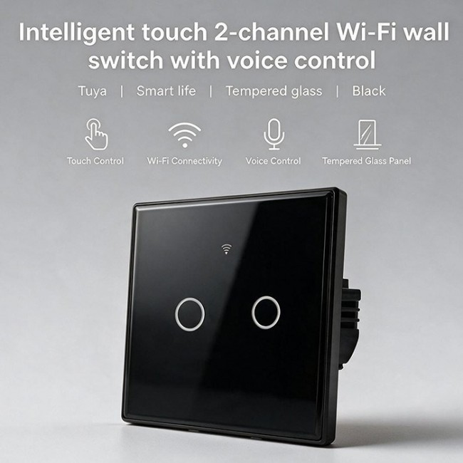 Qoltec 52712 Smart Touch 2-Gang Light Switch | Wi-Fi | Timer | Tuya | Smart Life | Tempered Glass | Black