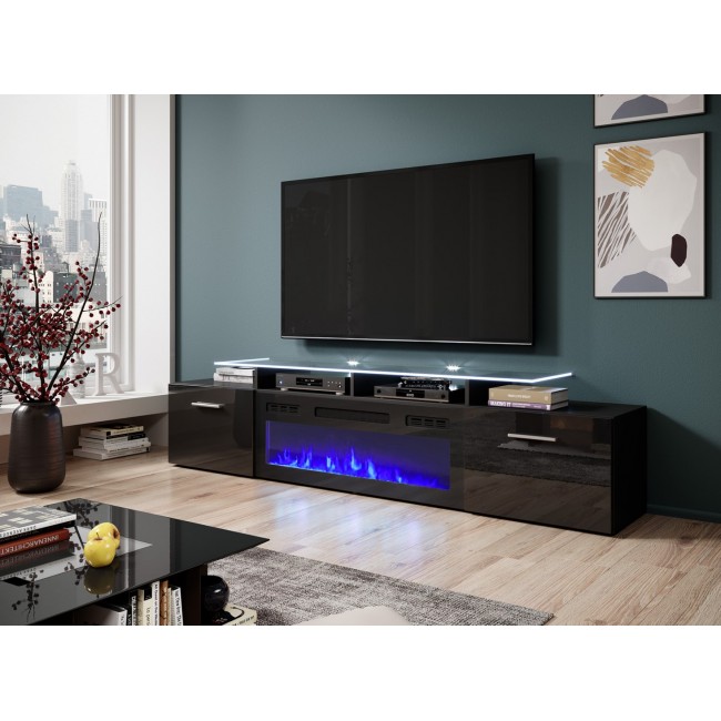 RTV cabinet ROVA with electric fireplace 190x37x48 cm black/black gloss RTV cabinet ROVA with electric fireplace 190x37x48 cm black/black gloss