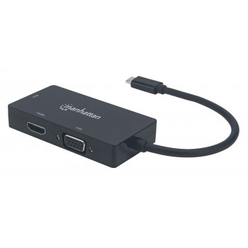 Manhattan USB-C Dock/Hub, Ports (x3): DVI-I, HDMI and VGA Ports, Note: Only One Port can be used at a time, External Power Supply Not Needed, Cable 10cm, Black, Three Year Warranty, Blister