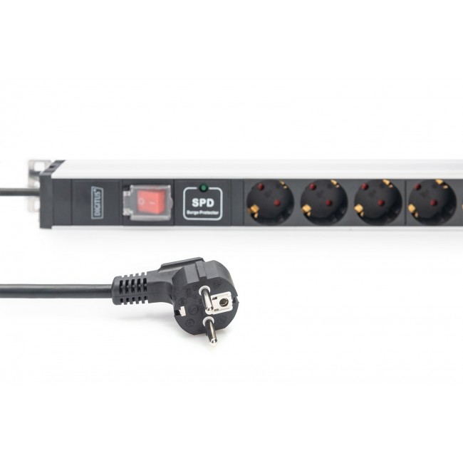 Digitus Socket strip with aluminum profile with switch and surge protection, 12-way safety sockets, 2 m cable safety plug