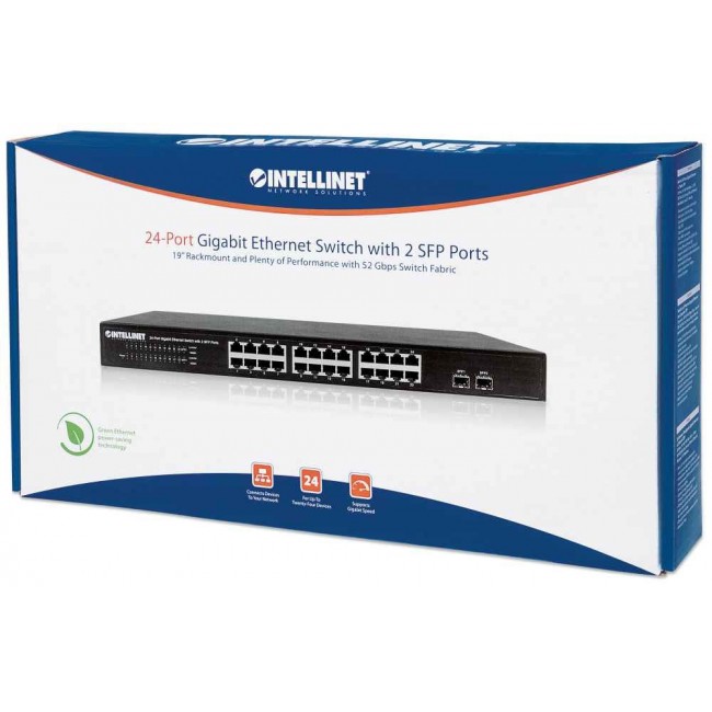 Intellinet 24-Port Gigabit Ethernet Switch with 2 SFP Ports, 24 x 10/100/1000 Mbps RJ45 Ports + 2 x SFP, IEEE 802.3az (Energy Efficient Ethernet), 19