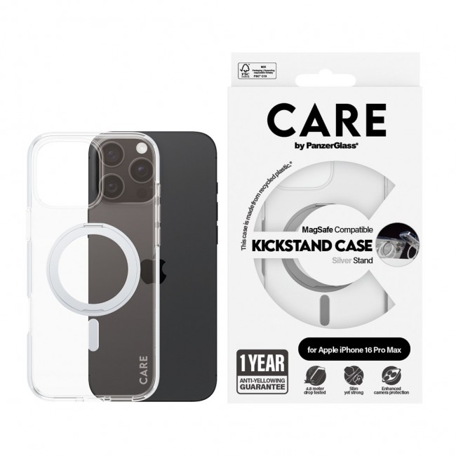 PanzerGlass CARE by Case Transparent w. Silver Kickstand & MagSafe iPhone 16 Pro Max