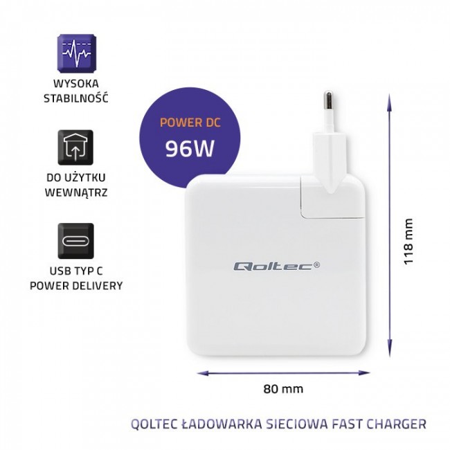 Qoltec 96W FAST Wall Charger | 5-20V | 3- 4.7A | USB C PD | Laptop | Smartphone | White