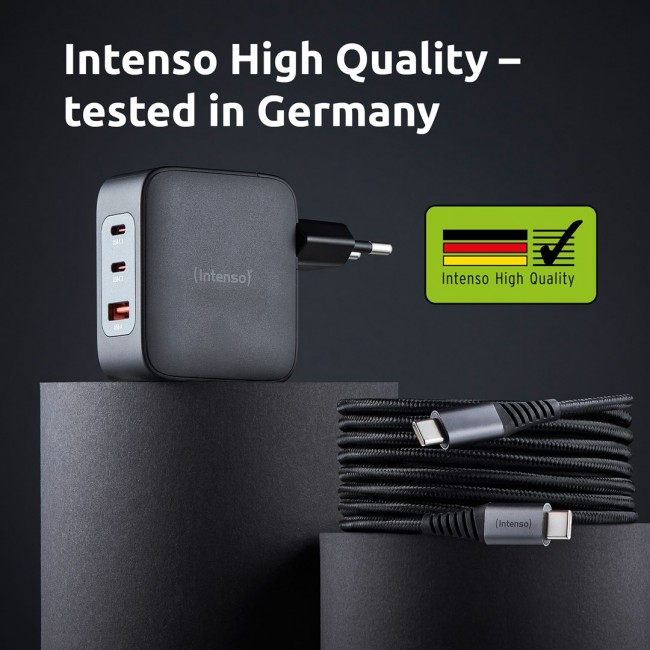 Intenso W100ACC+C520C, Power Adapter + Charging Cable Set, 100W, Fast Charging, GaN, Charge 3 Devices Simultaneously, Black