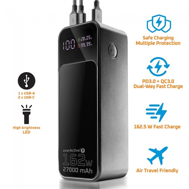 Powerbank 27 000mAh, 1x USB, 2x USB-C, 162,5W, QC4+, flashlight, LCD screen, black