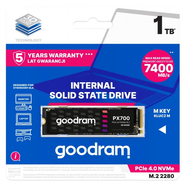 Goodram PX700 SSD SSDPR-PX700-01T-80 internal solid state drive M.2 1 TB PCI Express 4.0 NVMe 3D NAND Goodram PX700 SSD SSDPR-PX700-01T-80 internal solid state drive M.2 1 TB PCI Express 4.0 NVMe 3D NAND