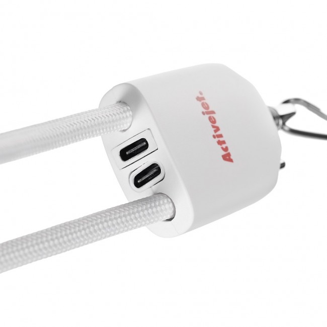 Activejet lanyard with 3-in-1 charging cable, white. Ends with various connectors: USB-C, Lightning adapter, USB-A
