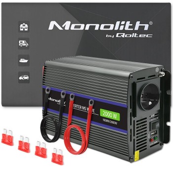 Qoltec Monolith 2000 MS Wave Voltage Converter | 12V to 230V | 1000/2000W | USB