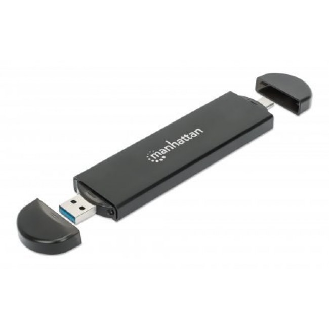 Manhattan M.2 NVMe and SATA SSD Enclosure, USB-C & USB-A Male Connection, Up to 10 Gbps (USB 3.2 Gen2 aka USB 3.1), For 2230/2242/2260/2280 SSDs with M Key or B+M Key, SuperSpeed+ USB, Aluminum, Black, Three Year Warranty Manhattan M.2 NVMe and SATA SSD Enclosure, USB-C & USB-A Male Connection, Up to 10 Gbps (USB 3.2 Gen2 aka USB 3.1), For 2230/2242/2260/2280 SSDs with M Key or B+M Key, SuperSpeed+ USB, Aluminum, Black, Three Year Warranty