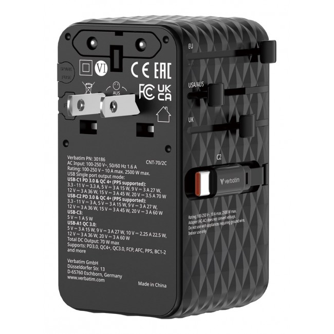 Verbatim Charge 'n' Travel 70W 2C retractable Universal Travel Adapter Black